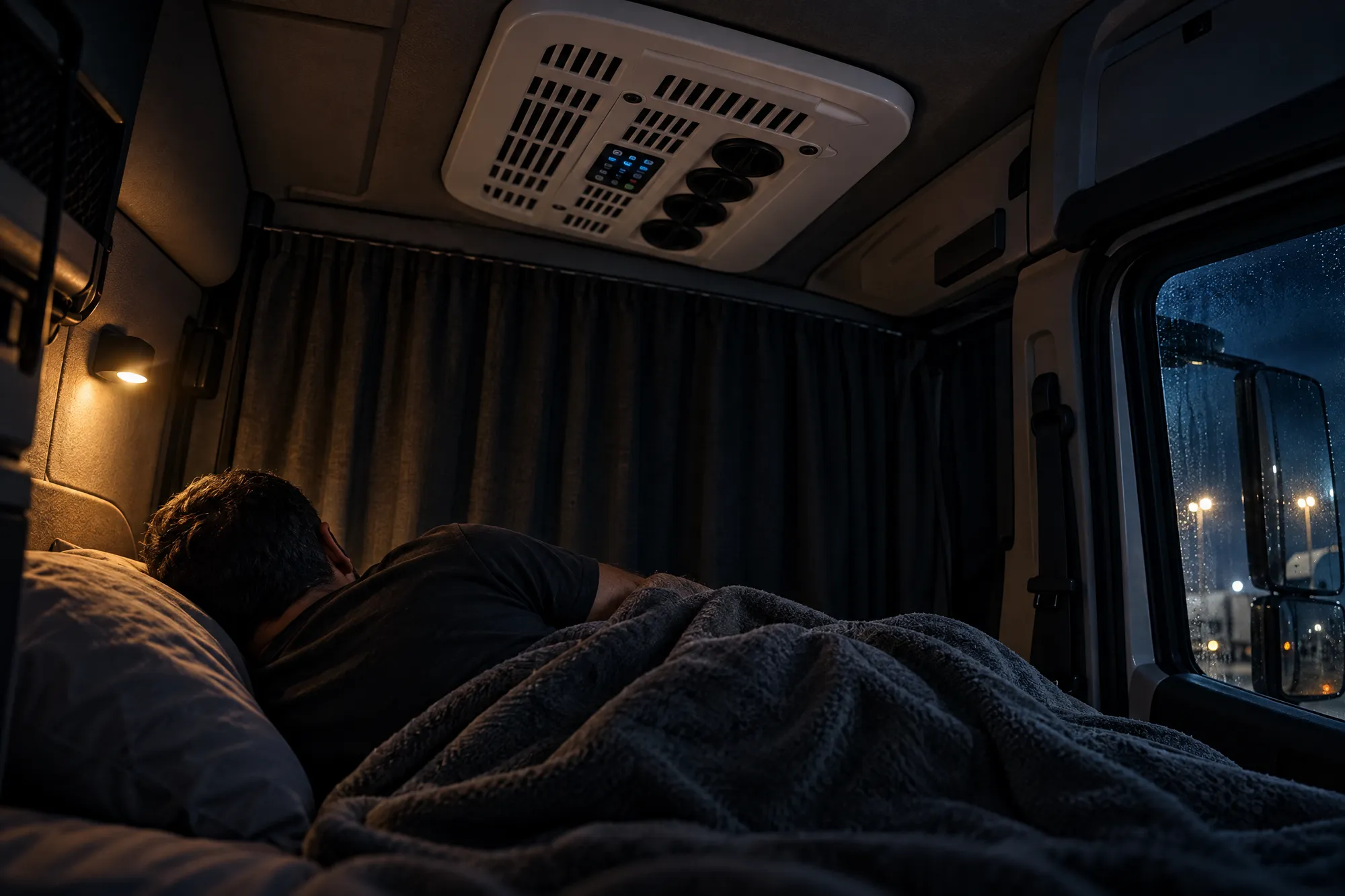 Motorista dormindo na cabine-leito à noite, com o painel do ar-condicionado no teto e a cortina fechada