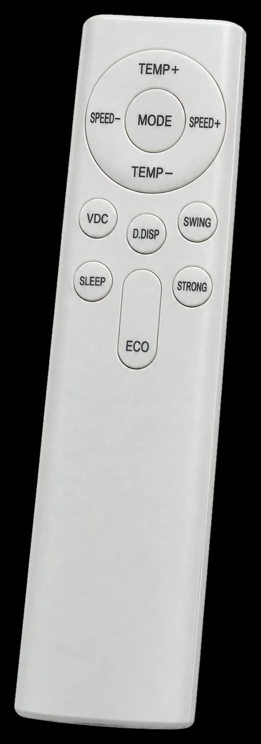 Controle remoto branco com botões de temperatura, velocidade, modo, Sleep, Strong, Swing e ECO